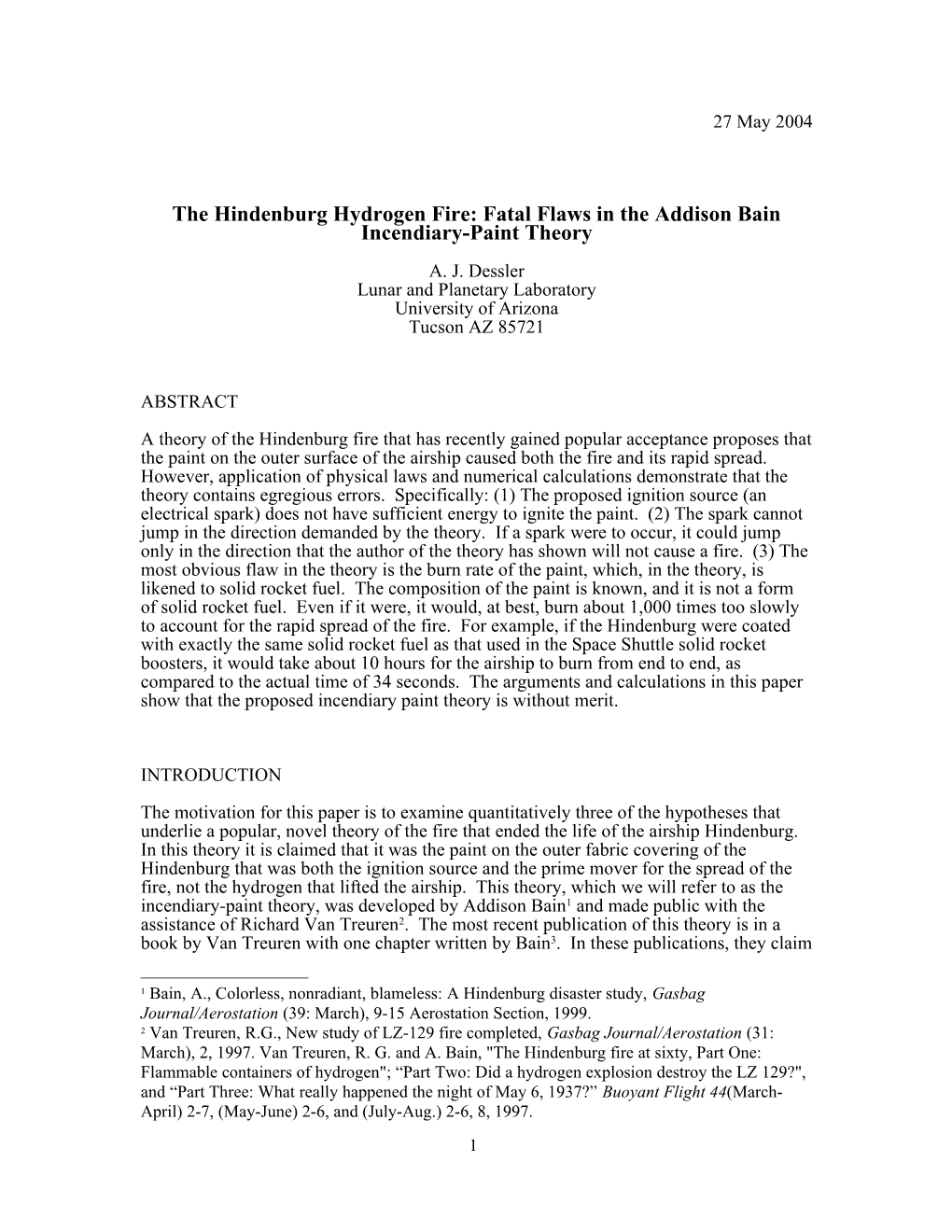 The Hindenburg Hydrogen Fire: Fatal Flaws in the Addison Bain Incendiary-Paint Theory