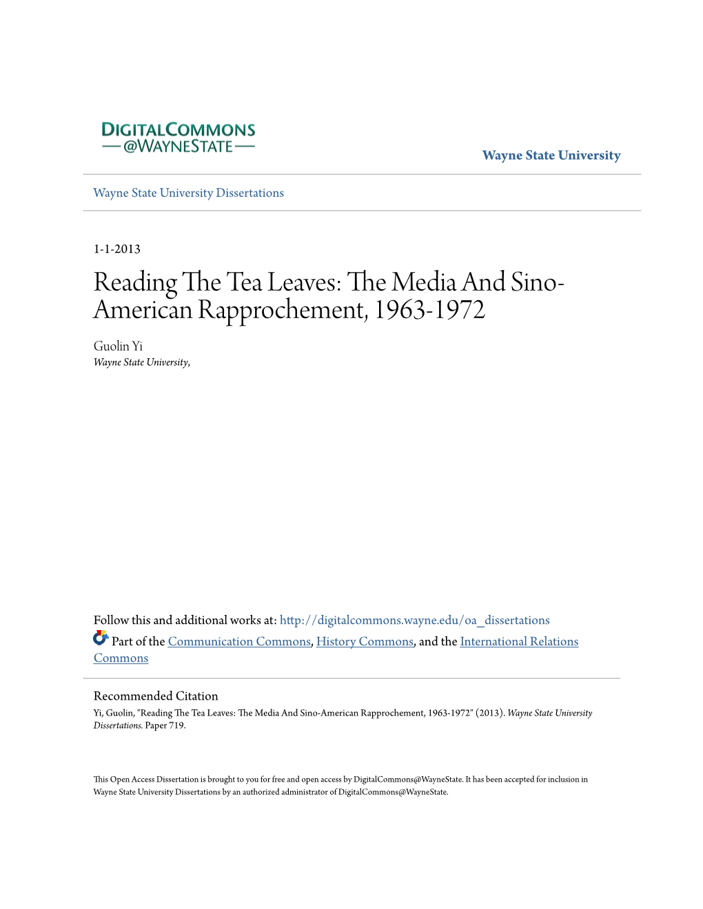 The Media and Sino-American Rapprochement, 1963-1972