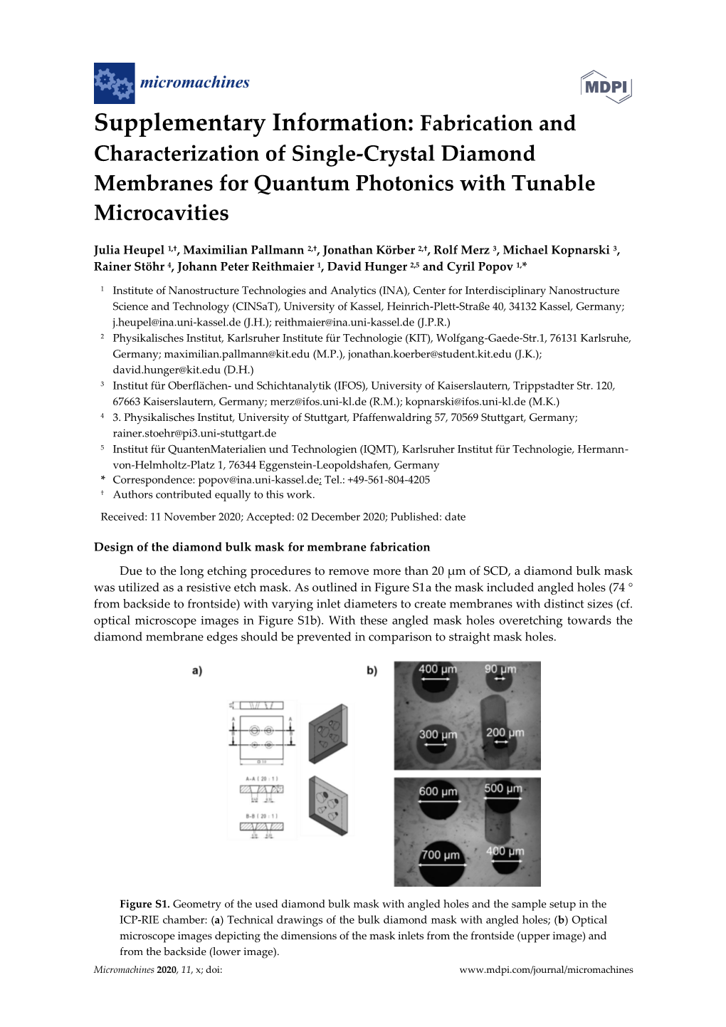 Supplementary Information: Fabrication and Characterization of Single-Crystal Diamond Membranes for Quantum Photonics with Tunable Microcavities