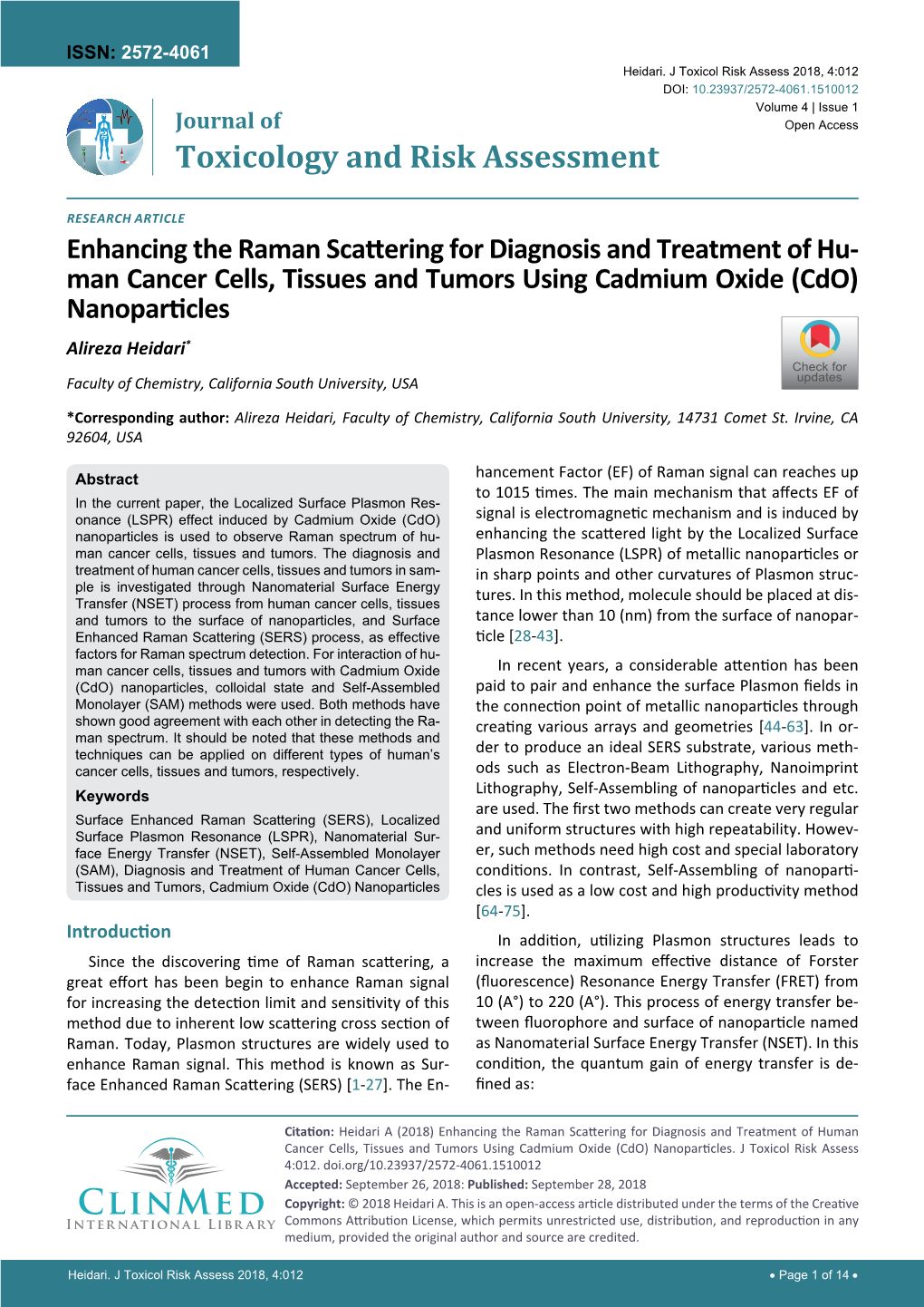 Enhancing the Raman Scattering for Diagnosis and Treatment of Human Cancer Cells, Tissues and Tumors Using Cadmium Oxide (Cdo) Nanoparticles