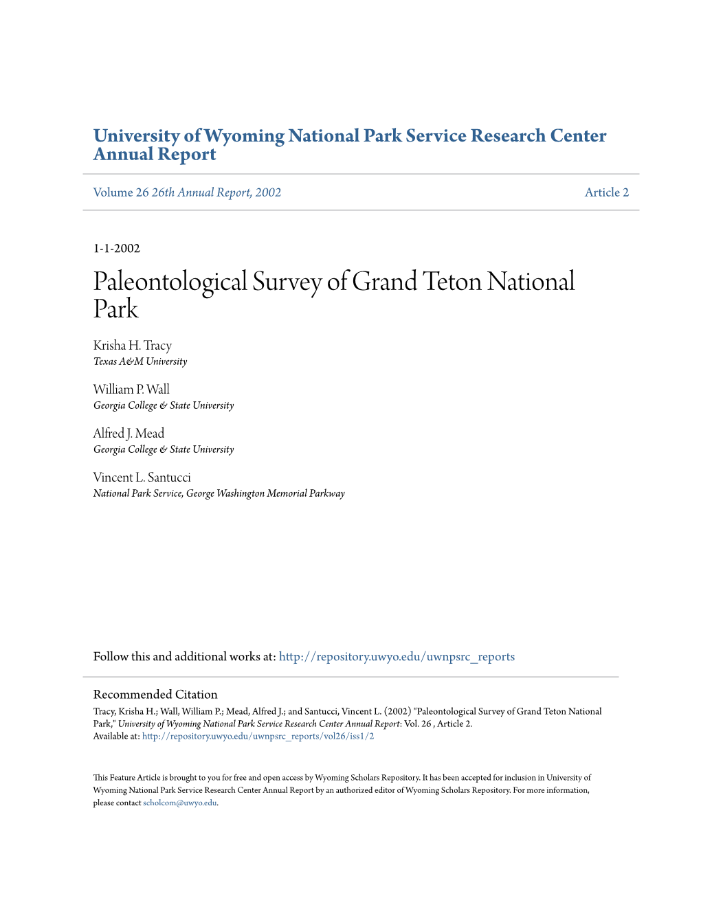 Paleontological Survey of Grand Teton National Park Krisha H