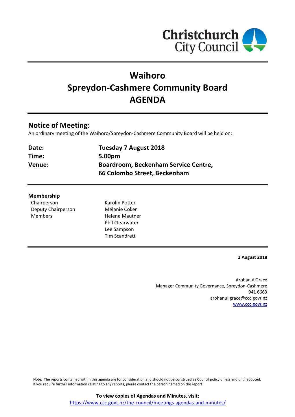 Agenda of Waihoro/Spreydon-Cashmere Community Board