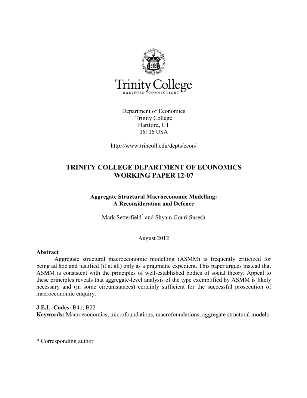 Trinity College Department of Economics Working Paper 12-07