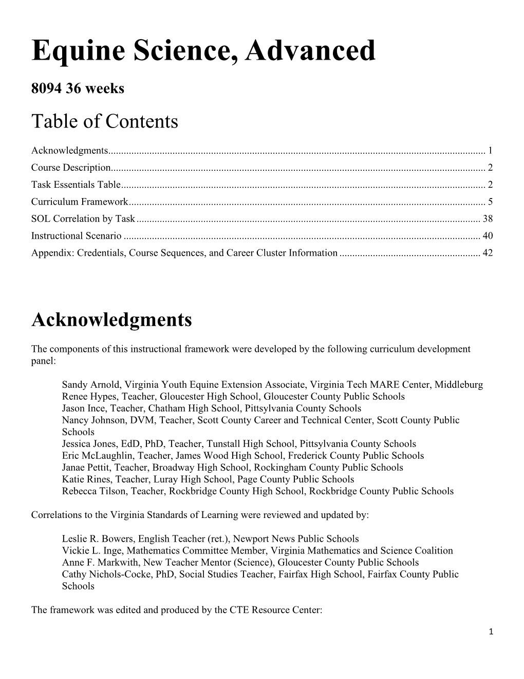 Equine Science, Advanced 8094 36 Weeks Table of Contents