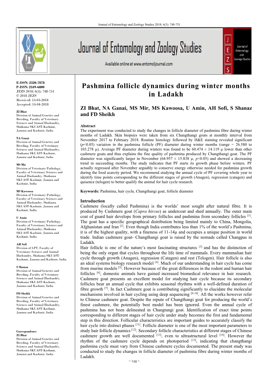 Pashmina Follicle Dynamics During Winter Months in Ladakh