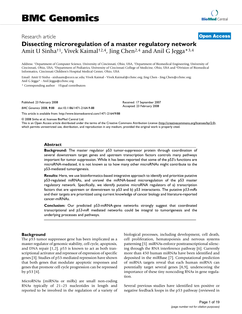 Dissecting Microregulation of a Master Regulatory Network Amit U Sinha†1, Vivek Kaimal†2,4, Jing Chen2,4 and Anil G Jegga*3,4