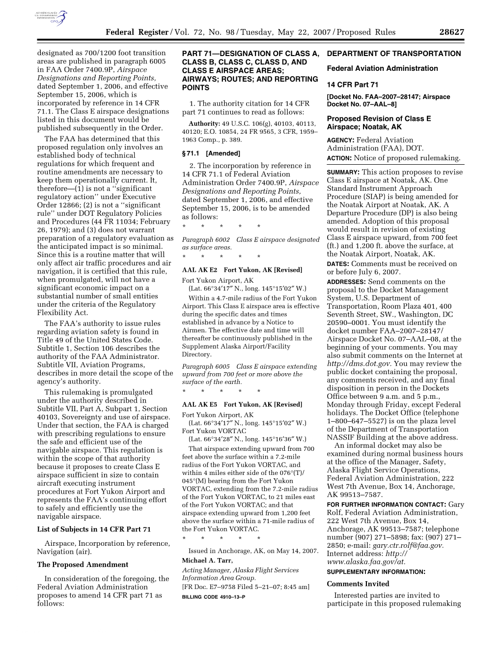 Federal Register/Vol. 72, No. 98/Tuesday, May 22, 2007