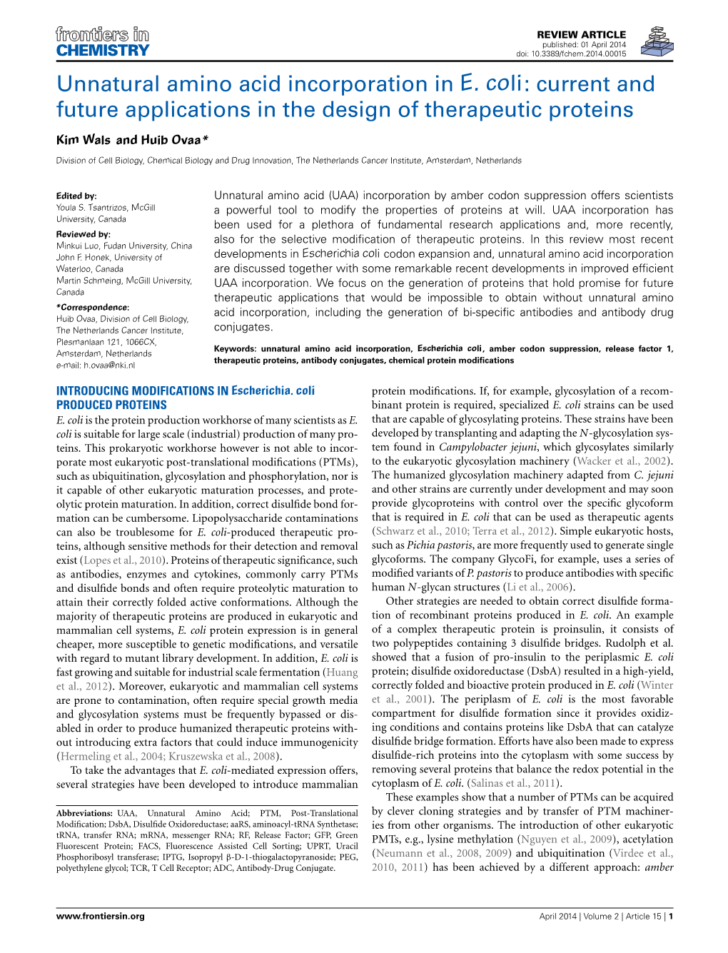 Unnatural Amino Acid Incorporation in E. Coli: Current and Future Applications in the Design of Therapeutic Proteins