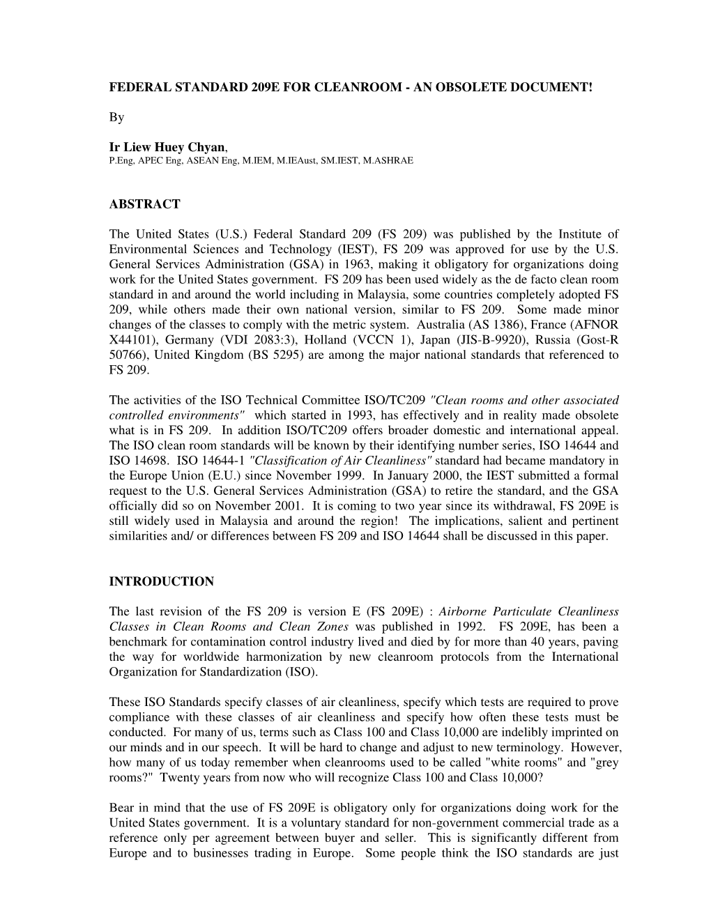 Federal Standard 209E for Cleanroom - an Obsolete Document!