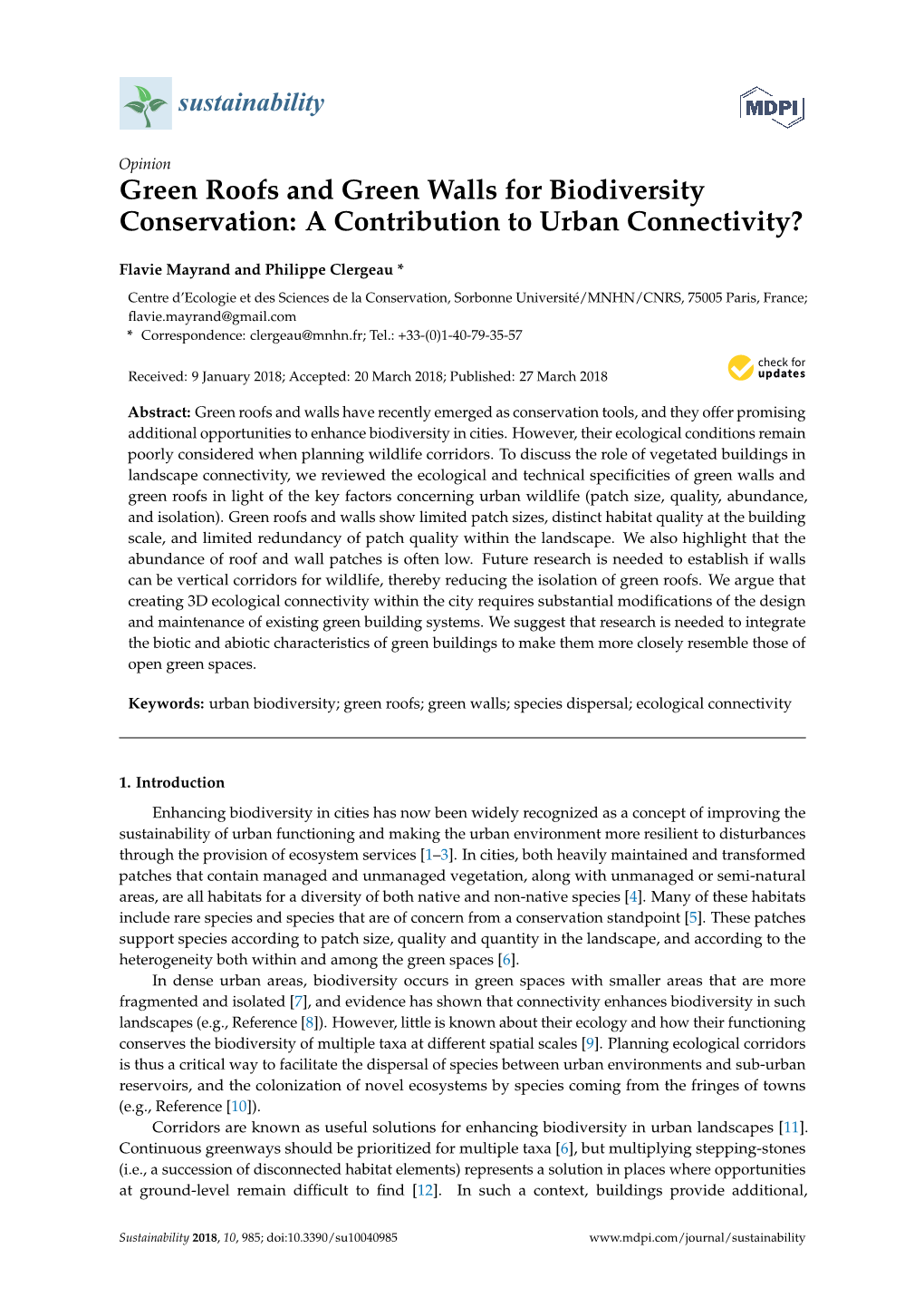 Green Roofs and Green Walls for Biodiversity Conservation: a Contribution to Urban Connectivity?