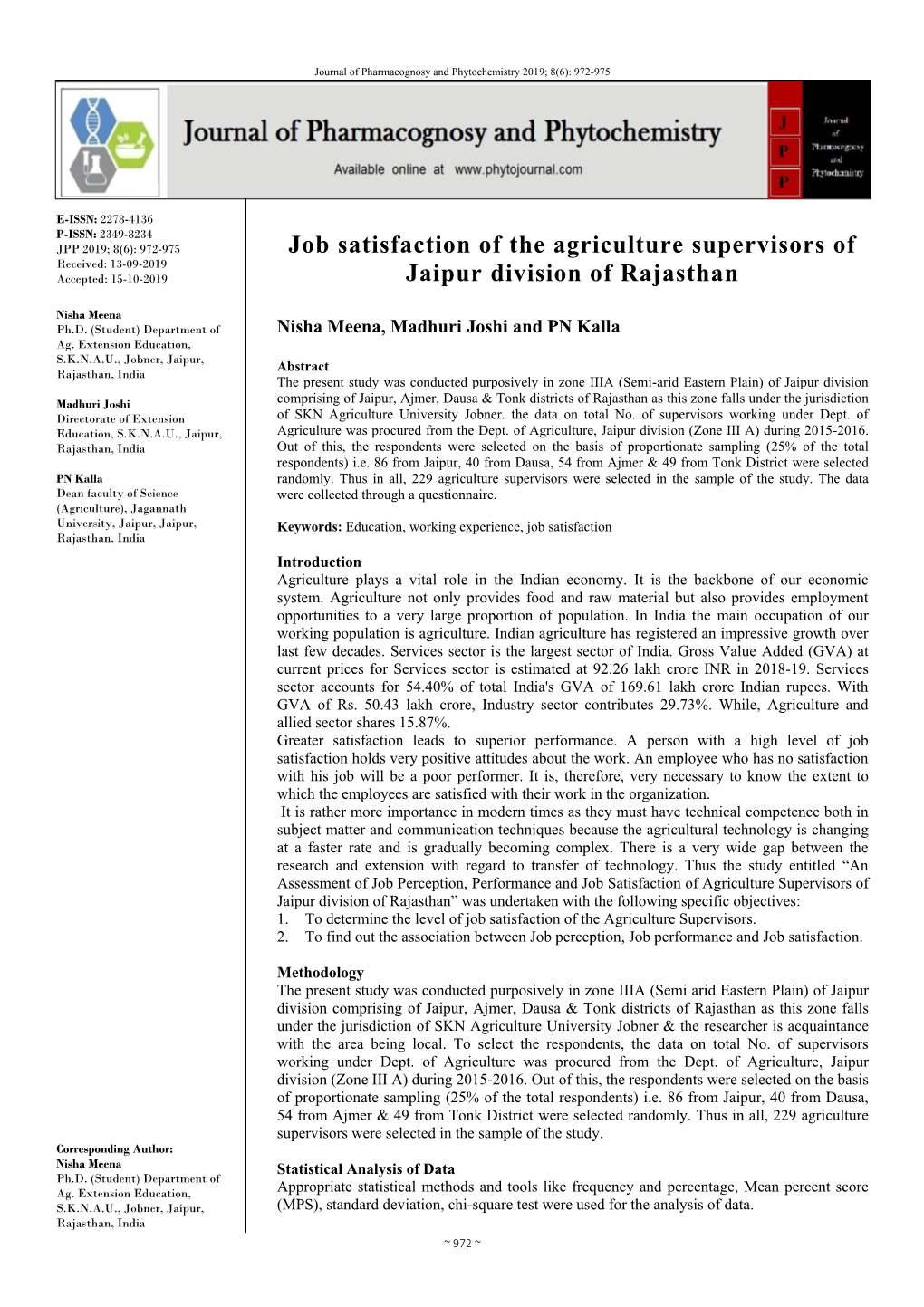 Job Satisfaction of the Agriculture Supervisors of Jaipur Division Of