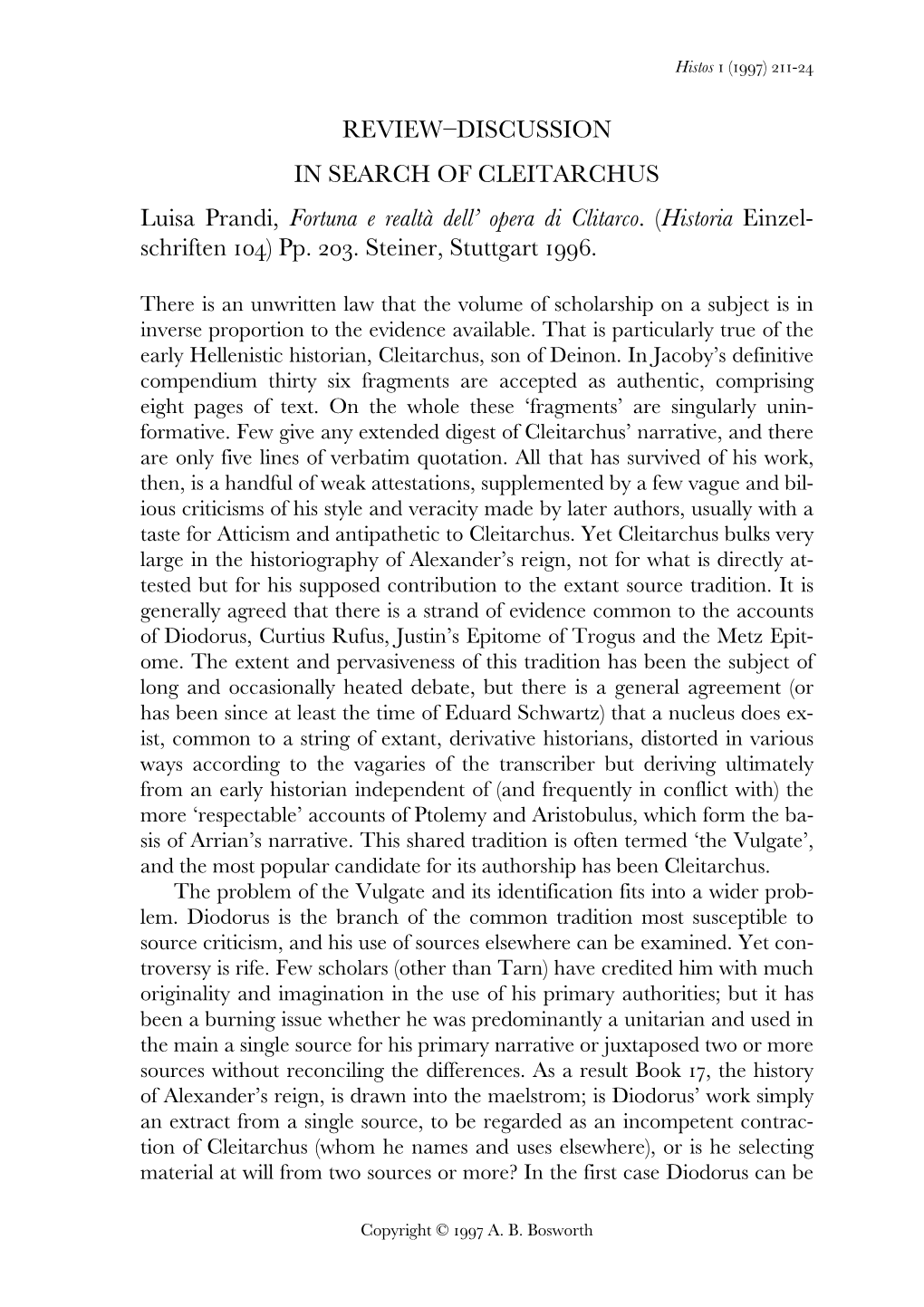 L. Prandi, Fortuna E Realtà Dell'opera Di Clitarco