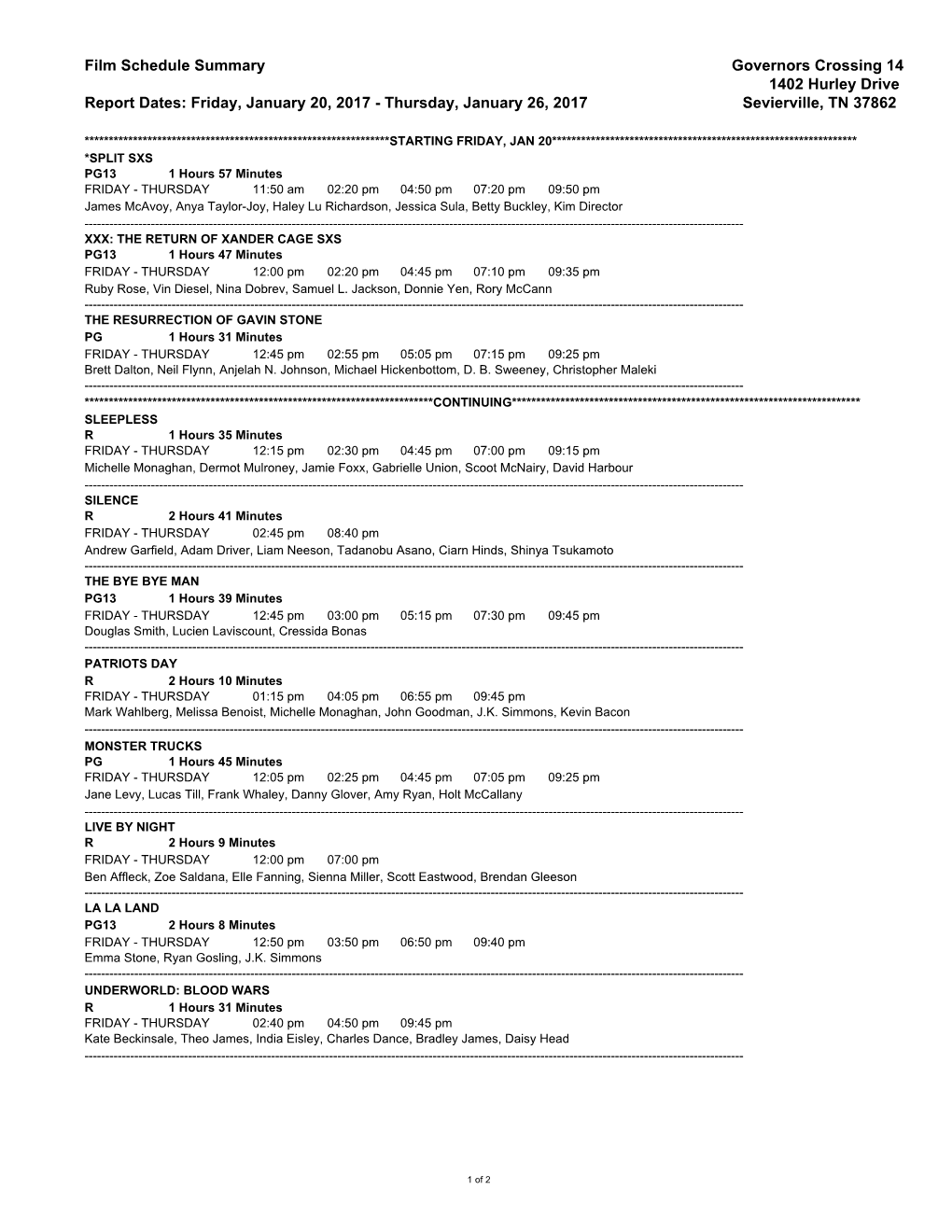 Film Schedule Summary Governors Crossing 14 1402 Hurley Drive Report Dates: Friday, January 20, 2017 - Thursday, January 26, 2017 Sevierville, TN 37862