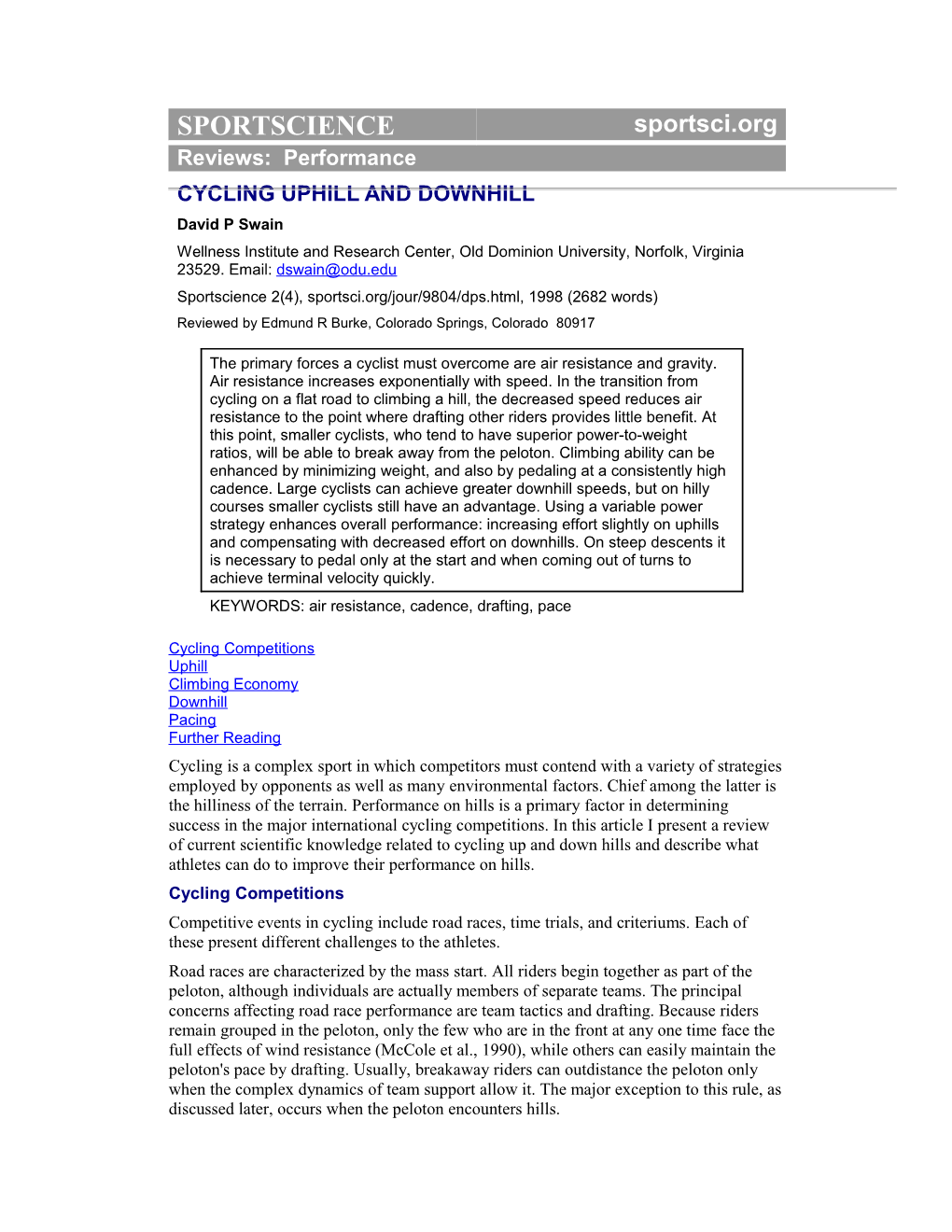 Cycling Competitions Uphill Climbing Economy Downhill Pacing Further Reading