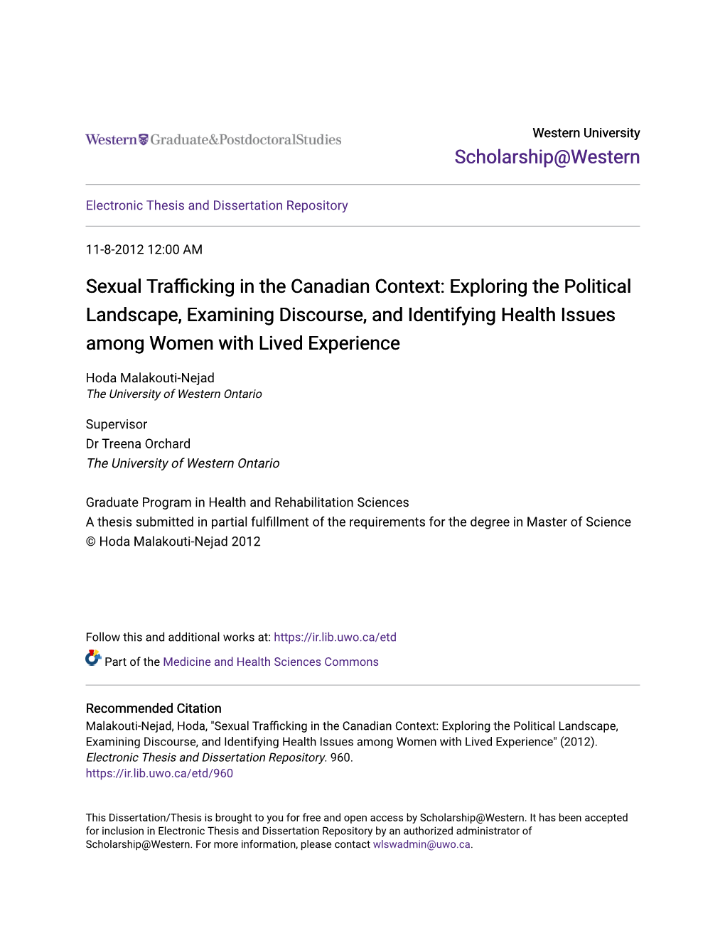 Sexual Trafficking in the Canadian Context: Exploring the Political Landscape, Examining Discourse, and Identifying Health Issues Among Women with Lived Experience