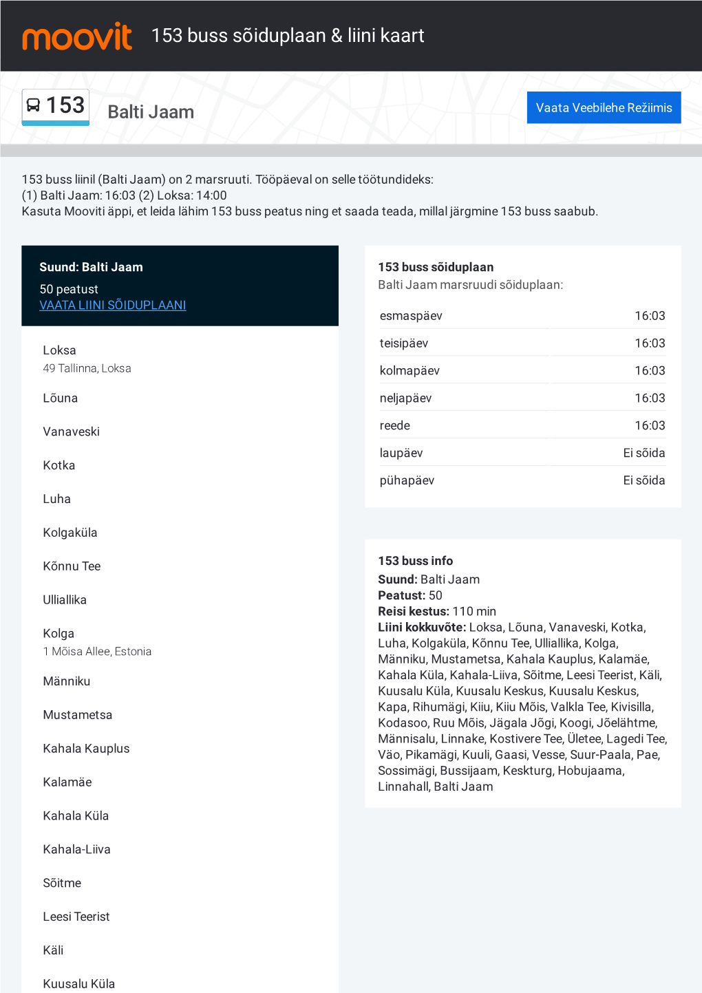 153 Buss Sõiduplaan & Liini Marsruudi Kaart