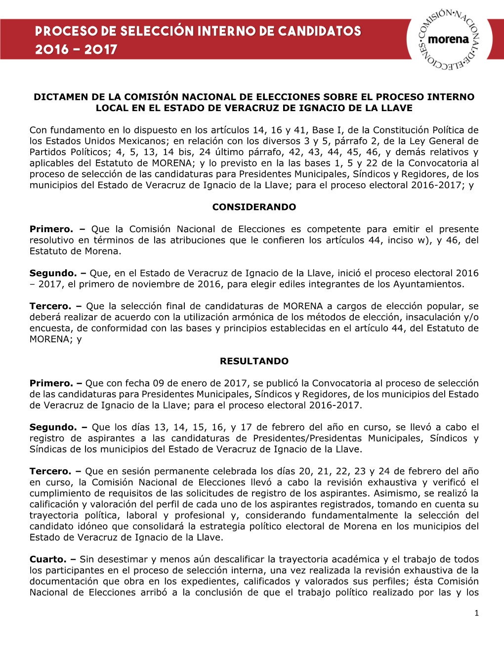 Proceso De Selección Interno De Candidatos 2016 – 2017