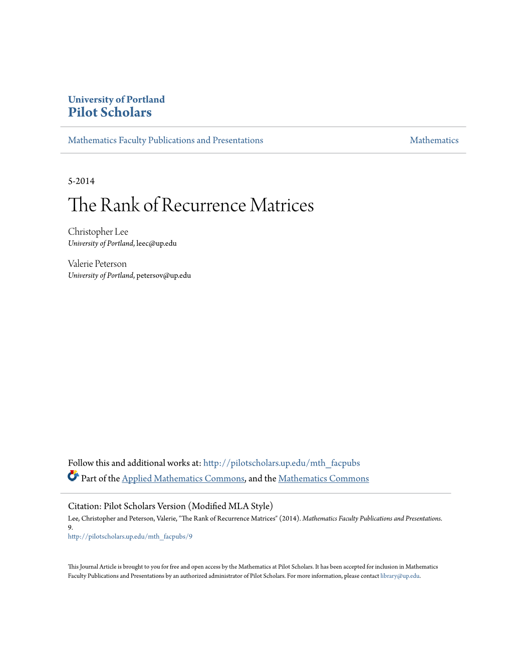 The Rank of Recurrence Matrices Christopher Lee University of Portland, Leec@Up.Edu