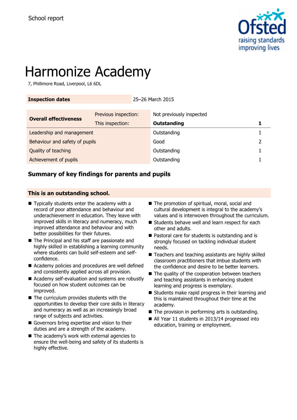 Harmonize Academy Ofsted Report March 2015
