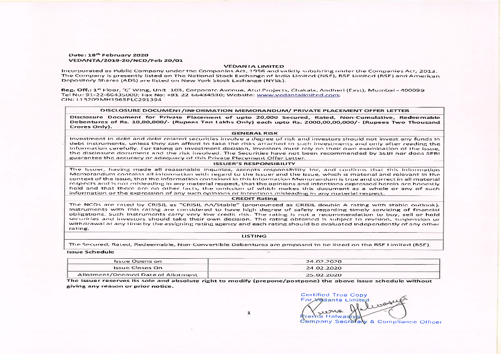 20203316422Imfor 2000Crs 20000Ncds Vedanta