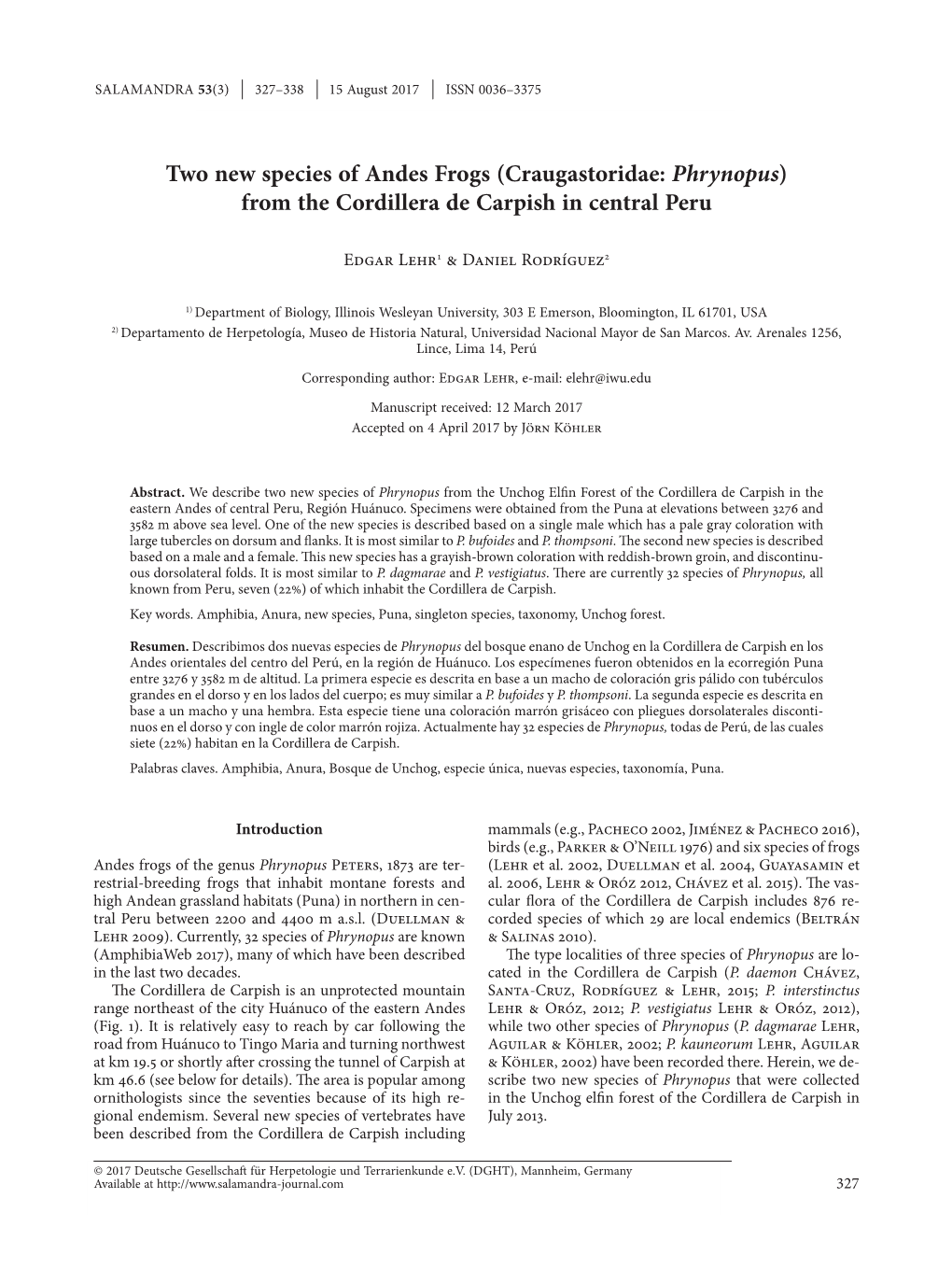 Two New Species of Andes Frogs (Craugastoridae: Phrynopus) from the Cordillera De Carpish in Central Peru