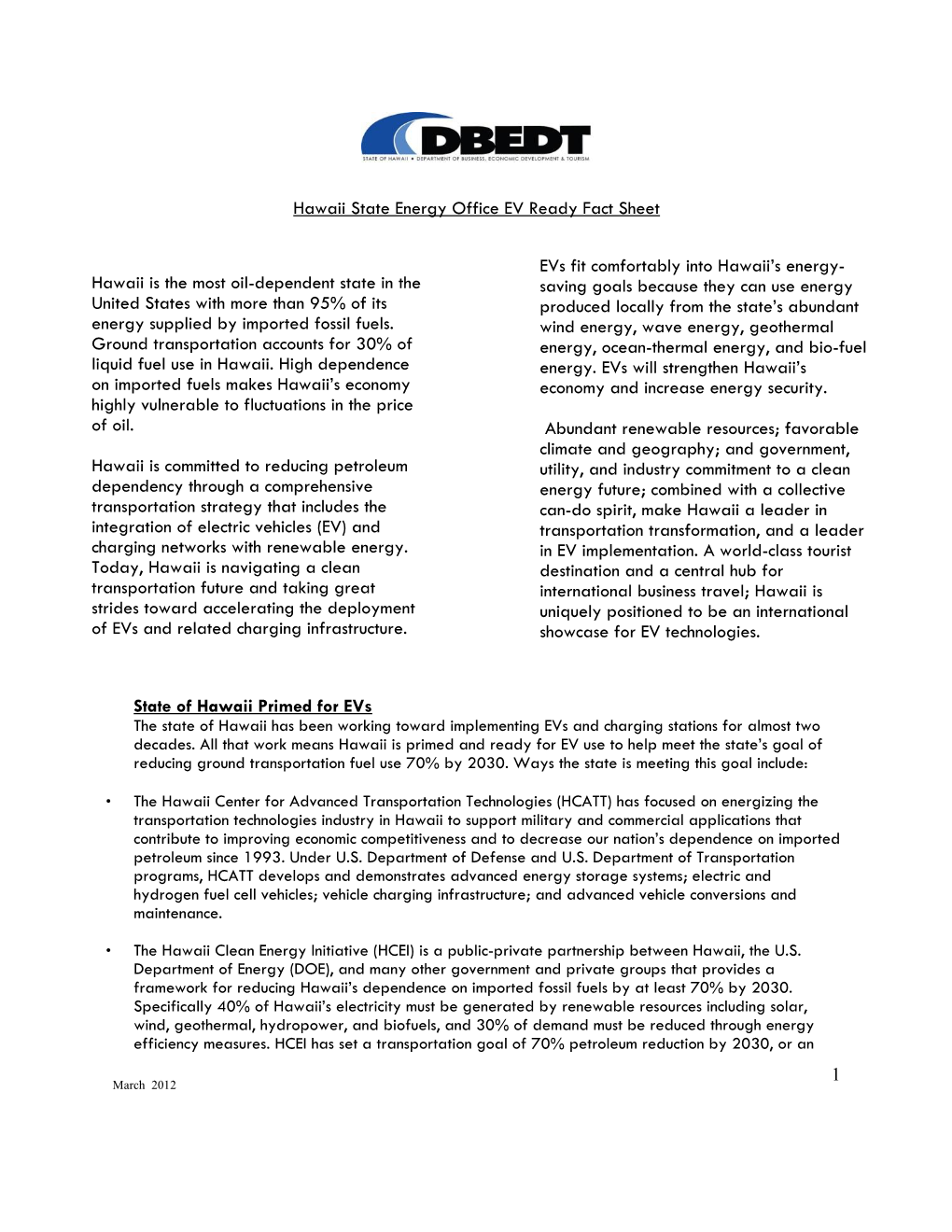 Hawaii State Energy Office EV Ready Fact Sheet