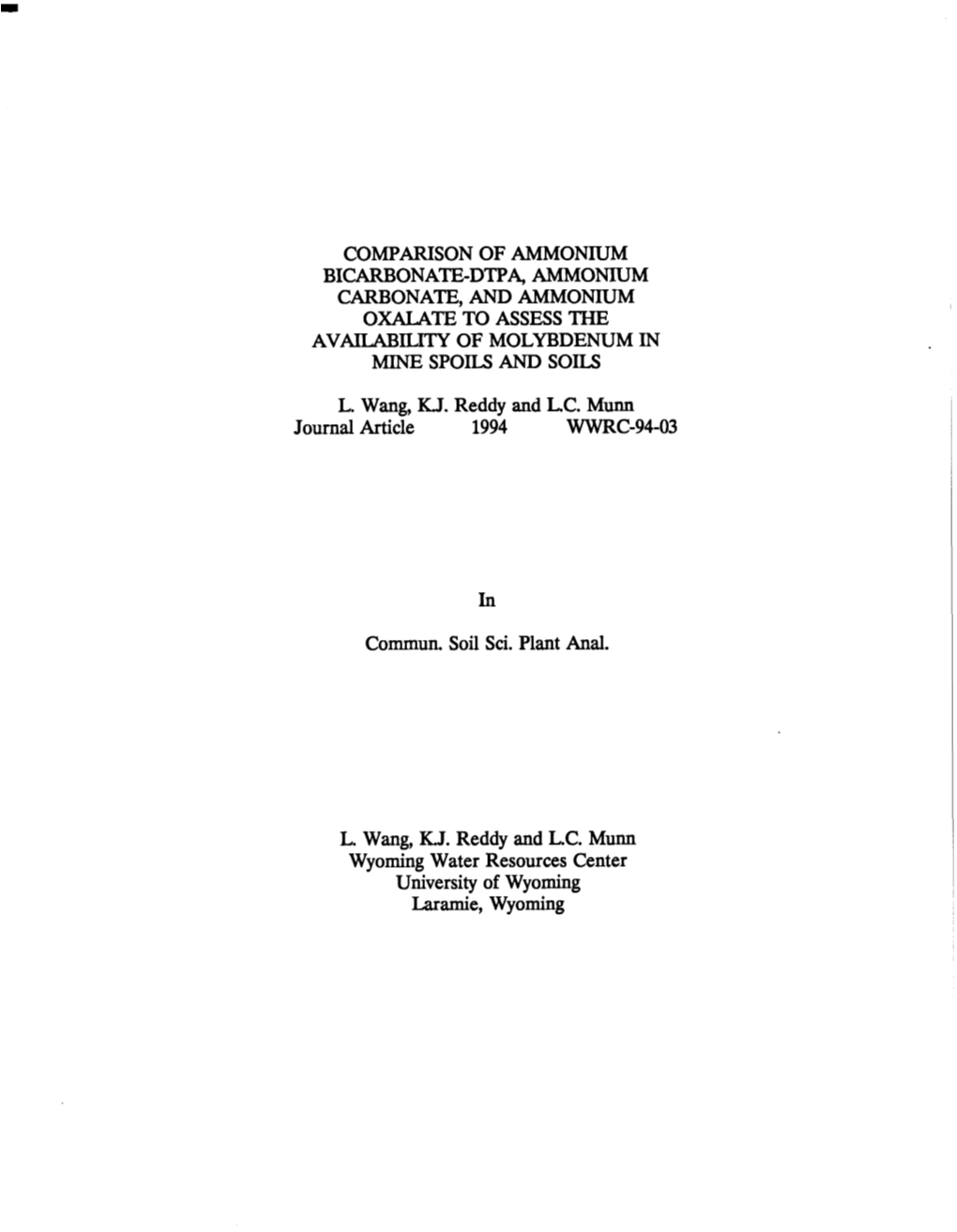 Carbonate, and Ammonium Oxalate to Assess the Availability of Molybdenum in Mine Spoils and Soils'