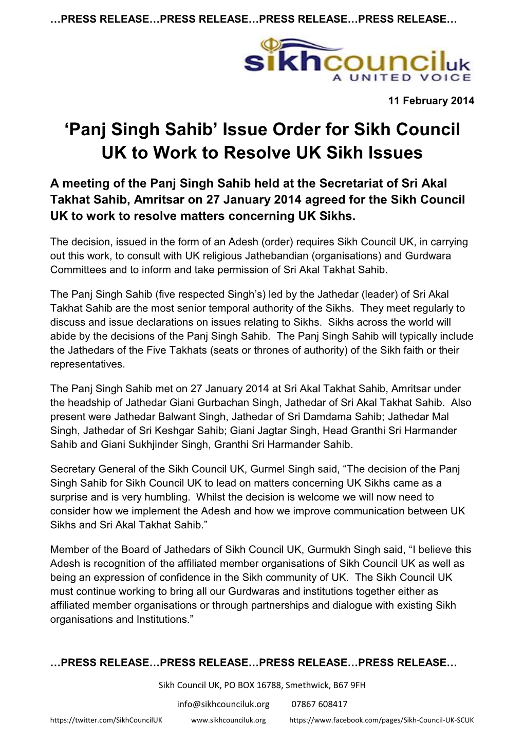 Panj Singh Sahib’ Issue Order for Sikh Council UK to Work to Resolve UK Sikh Issues