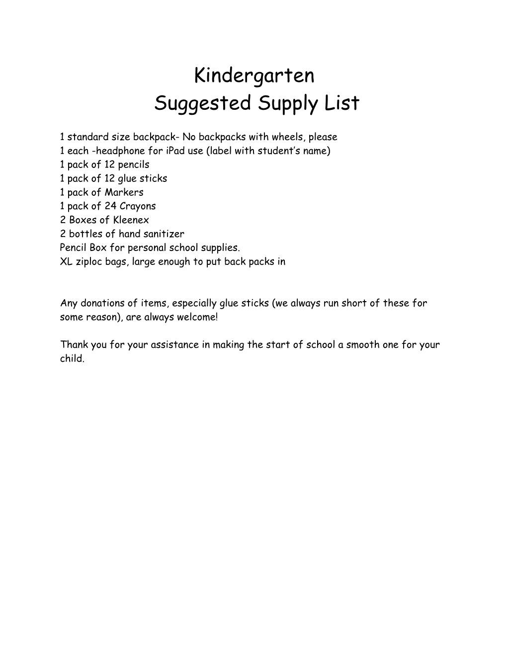 Kindergarten Suggested Supply List