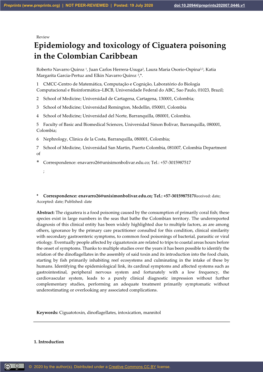 Epidemiology and Toxicology of Ciguatera Poisoning in the Colombian Caribbean