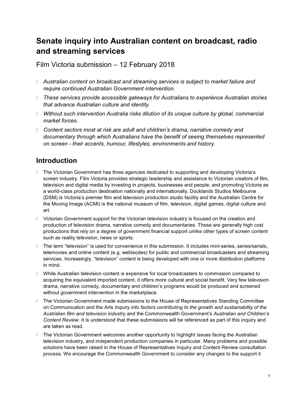 Senate Inquiry Into Australian Content on Broadcast, Radio and Streaming Services Film Victoria Submission – 12 February 2018
