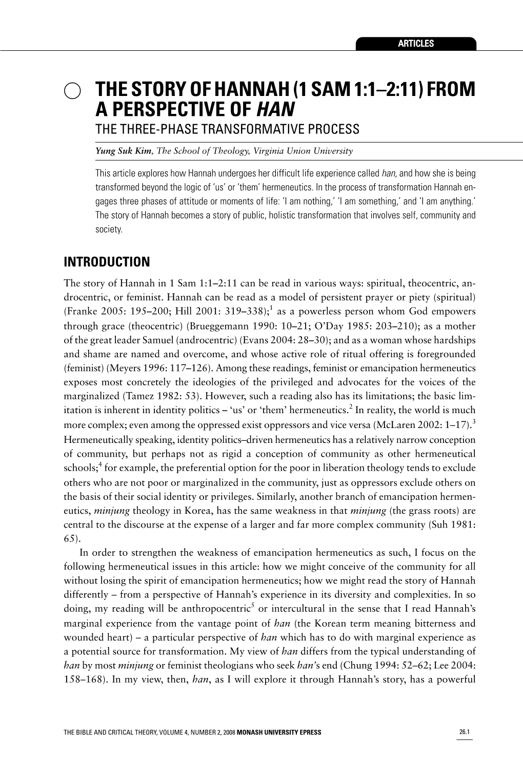 The Story of Hannah (1 Sam 1:1–2:11) from a Perspective of Han the Three-Phase Transformative Process