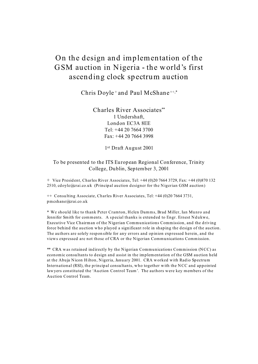 On the Design and Implementation of the GSM Auction in Nigeria - the World’S First Ascending Clock Spectrum Auction