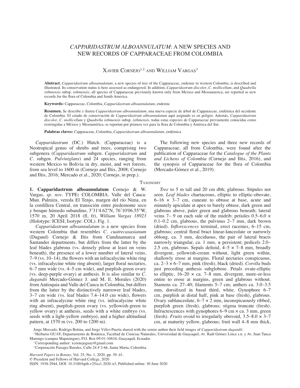 Capparidastrum Alboannulatum: a New Species and New Records of Capparaceae from Colombia