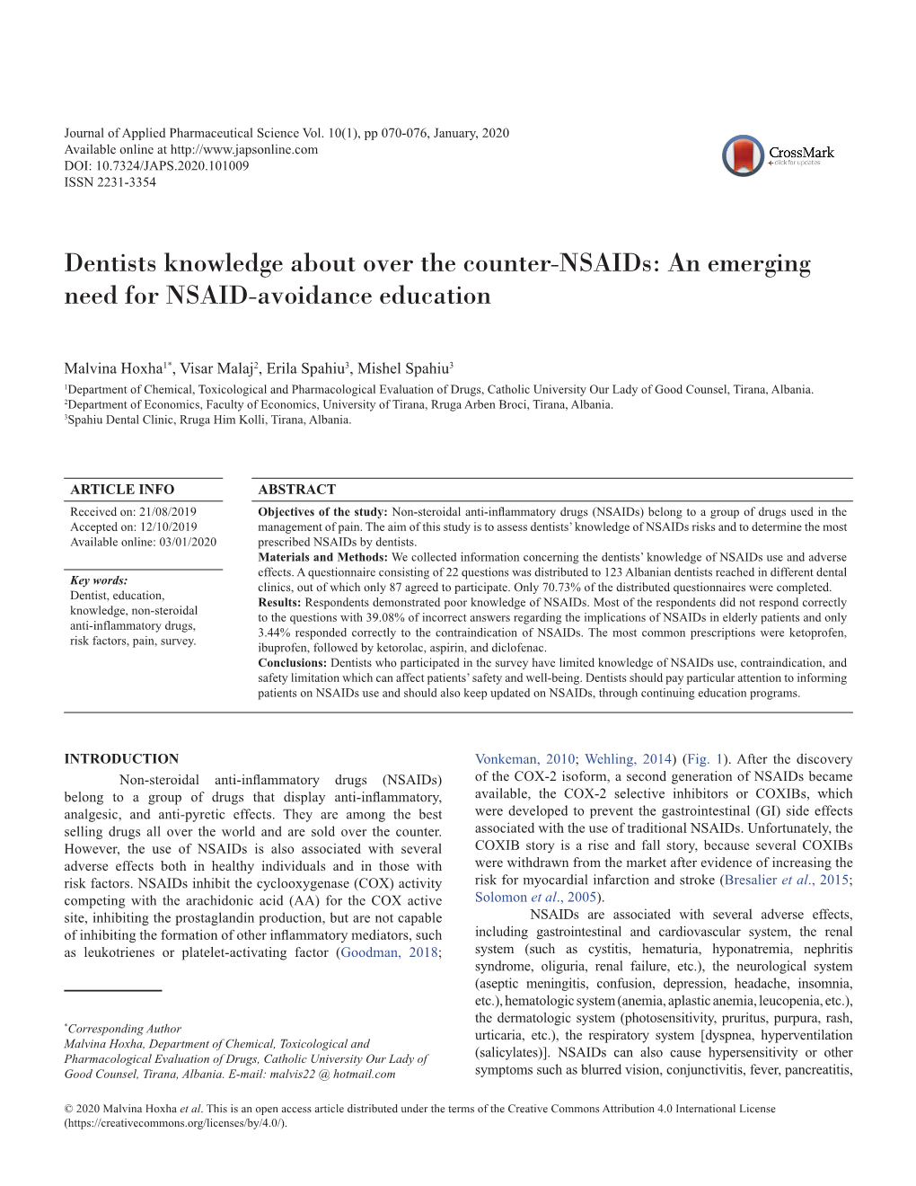 Dentists Knowledge About Over the Counter-Nsaids: an Emerging Need for NSAID-Avoidance Education