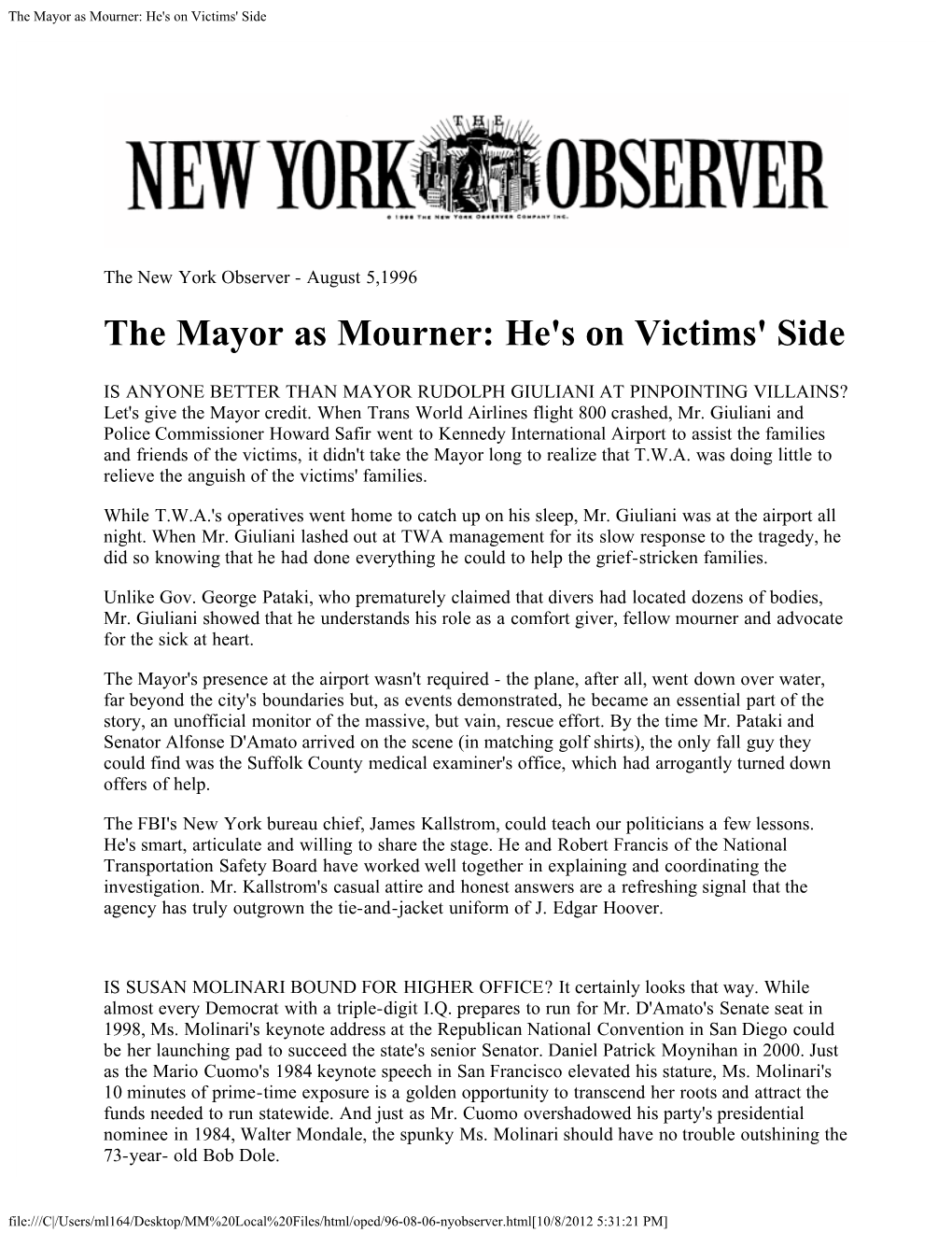 The Mayor As Mourner: He's on Victims' Side