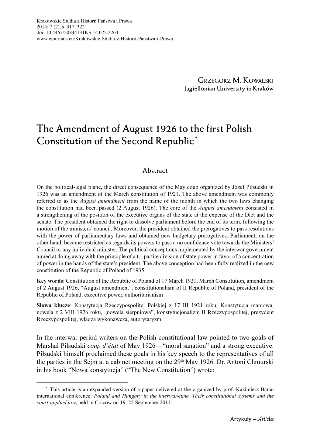 The Amendment of August 1926 to the First Polish Constitution of the Second Republic*