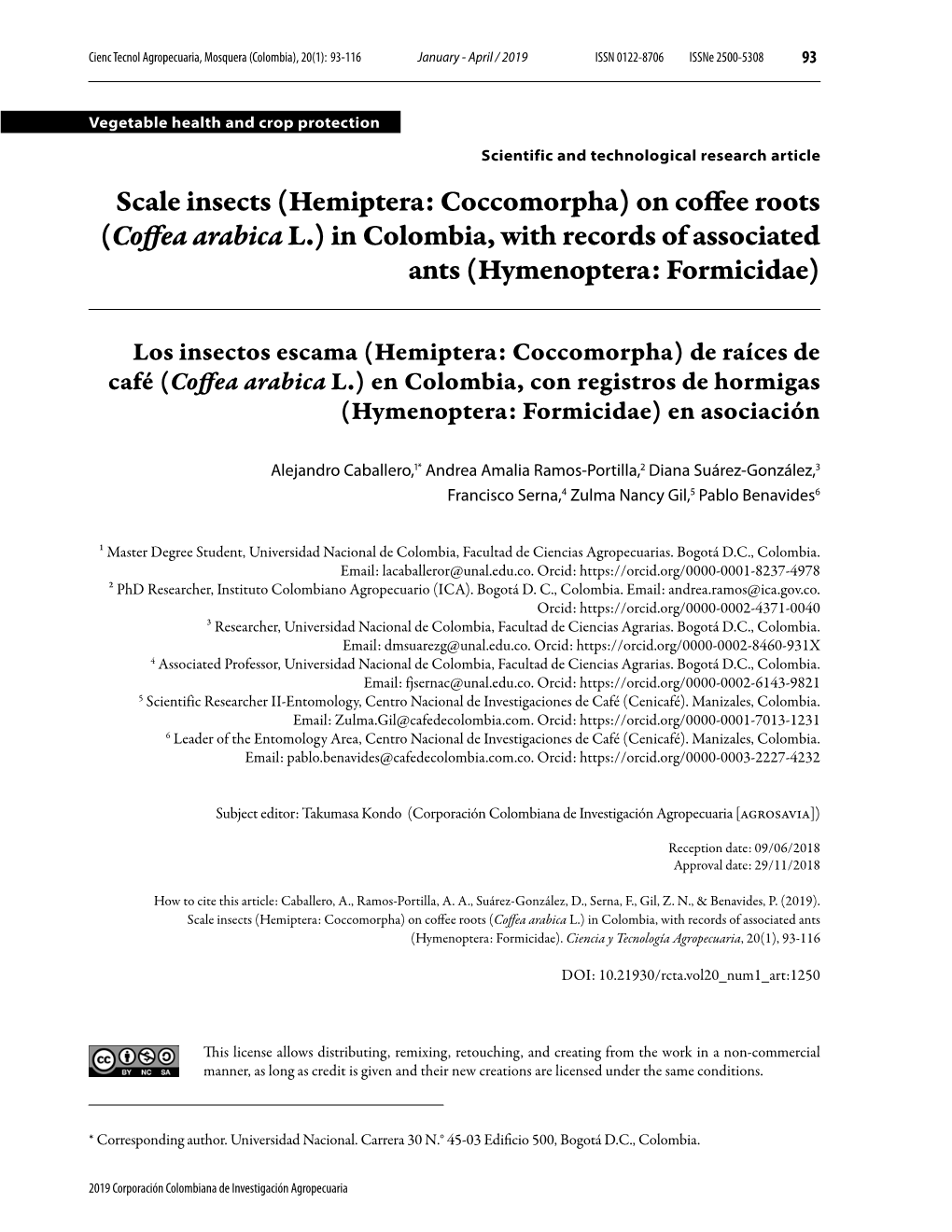 Scale Insects (Hemiptera: Coccomorpha) on Coffee Roots (Coffea Arabica L.) in Colombia, with Records of Associated Ants (Hymenoptera: Formicidae)