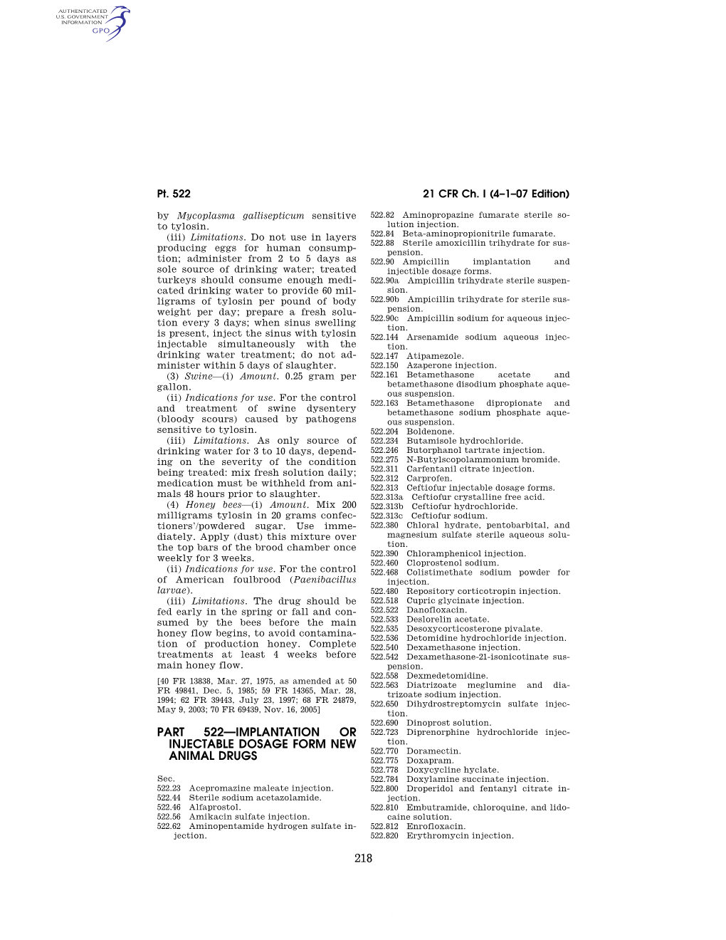 218 Part 522—Implantation Or Injectable Dosage Form