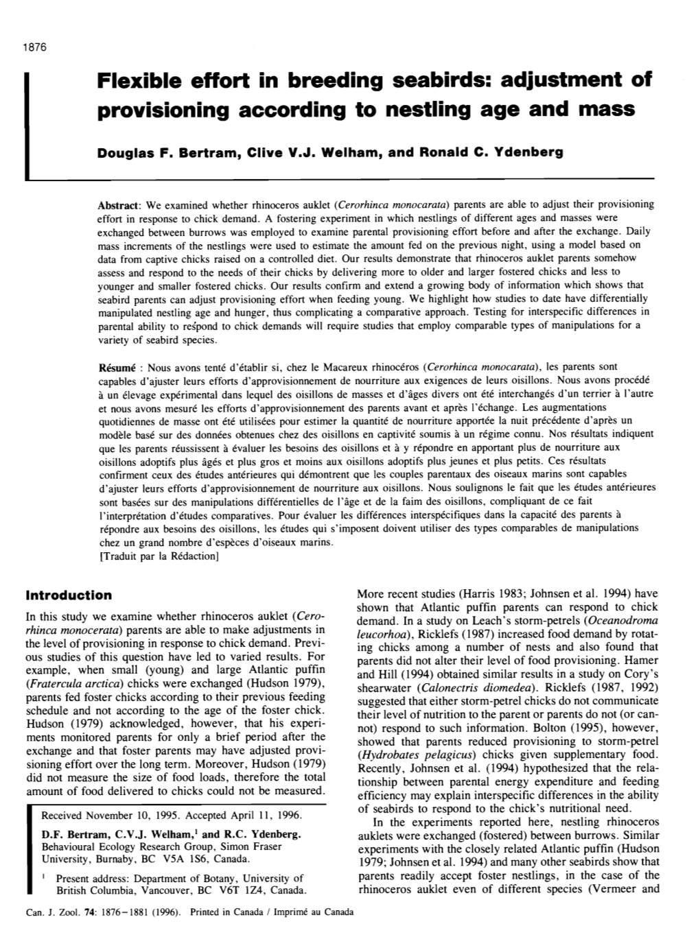 Adjustment of Provisioning According to Nestling Age and Mass