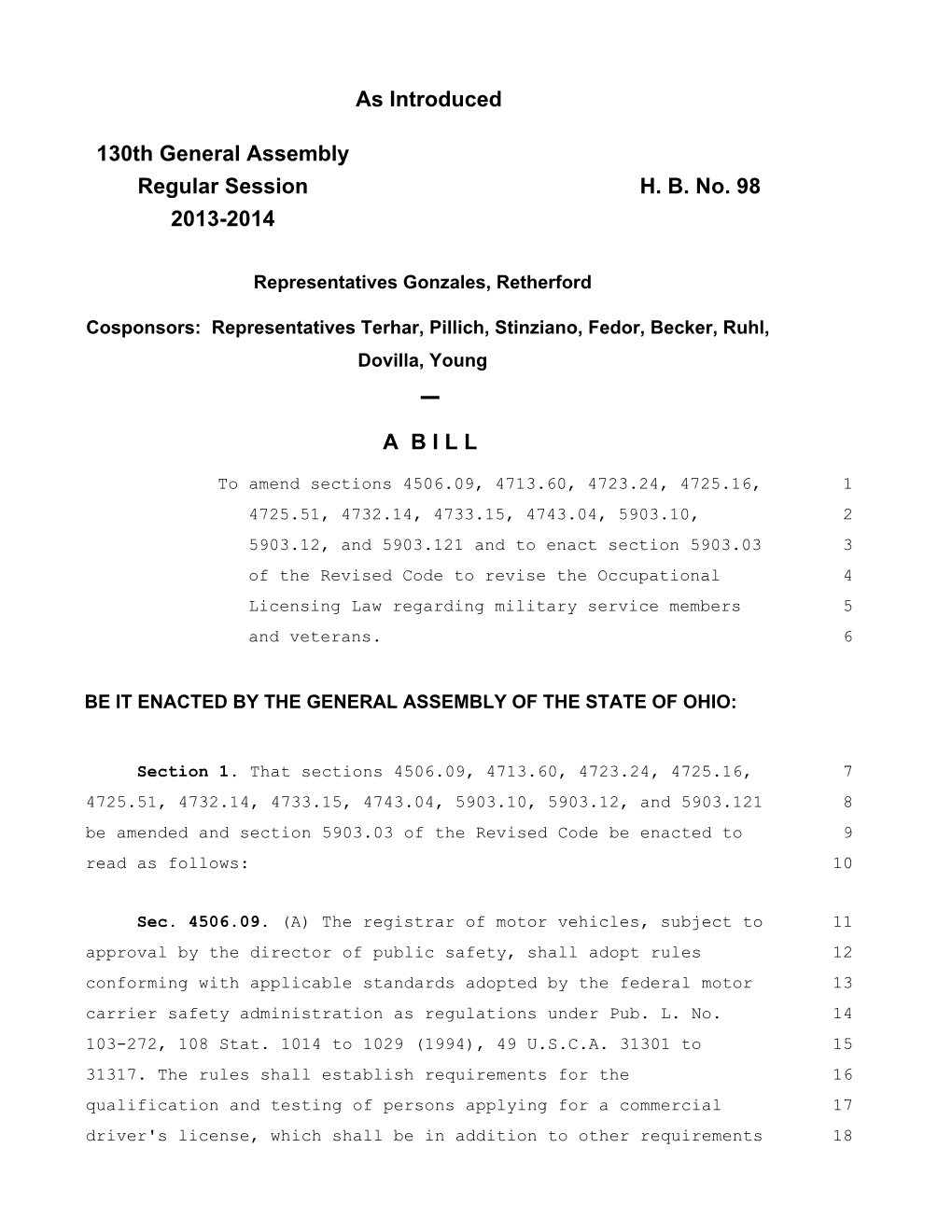 As Introduced 130Th General Assembly Regular Session H. B. No. 98 2013-2014 a BILL