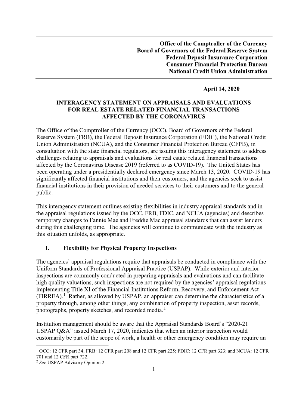 Interagency Statement on Appraisals and Evaluations for Real Estate Related Financial Transactions Affected by the Coronavirus