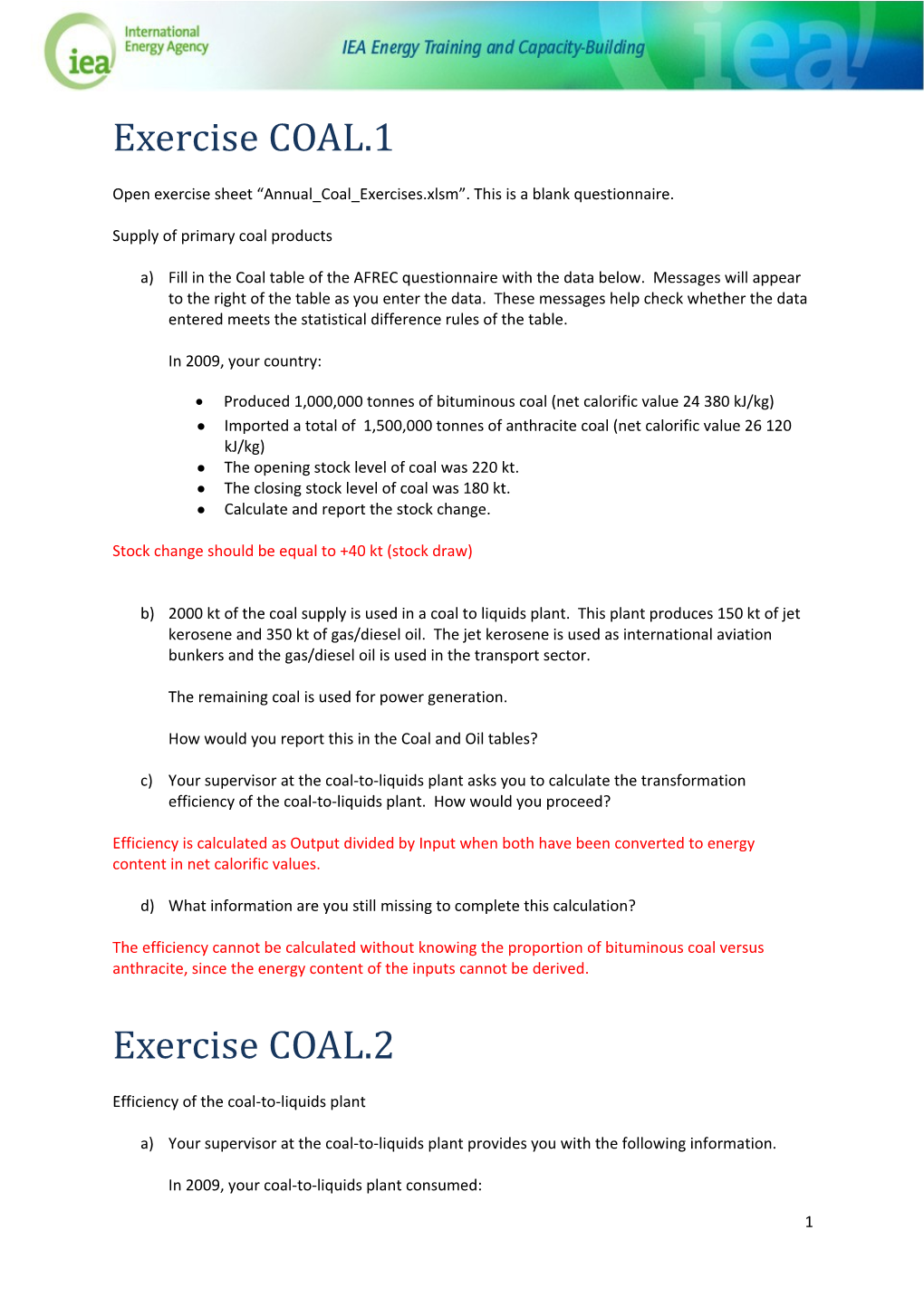 Word Document for Answers to Coal Exercises