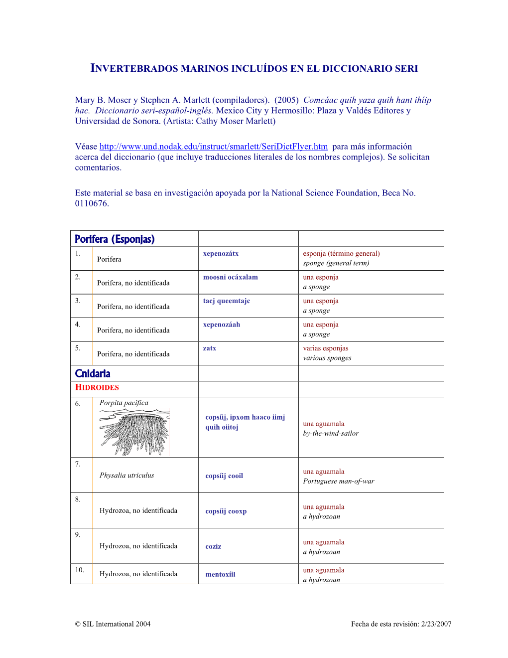 INVERTEBRADOS MARINOS INCLUÍDOS EN EL DICCIONARIO SERI Porifera (Esponjas) Cnidaria