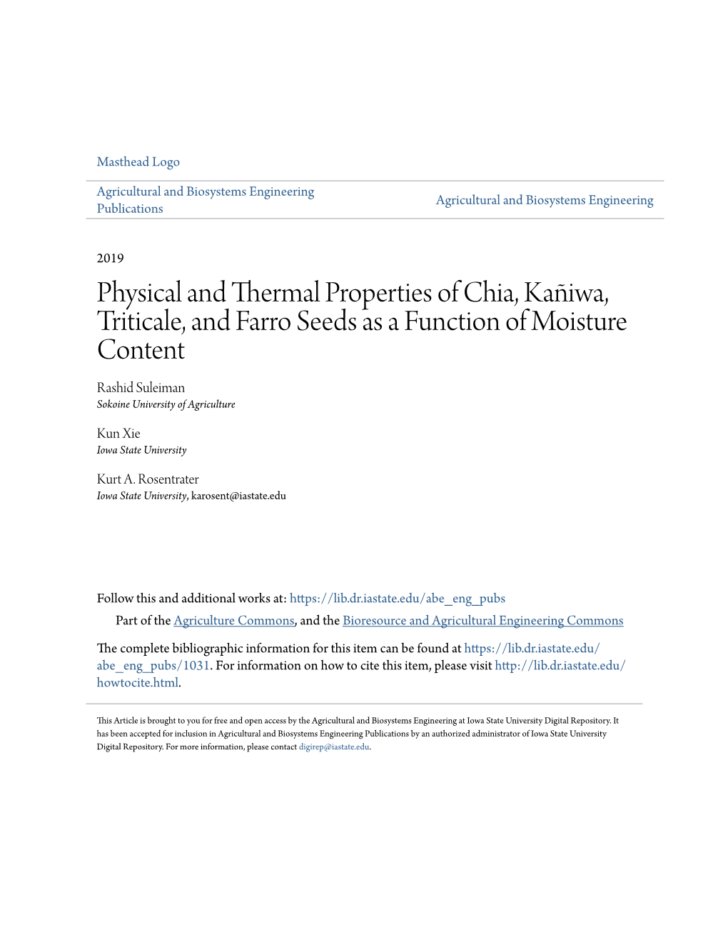 Physical and Thermal Properties of Chia, Kañiwa, Triticale, and Farro Seeds As a Function of Moisture Content Rashid Suleiman Sokoine University of Agriculture