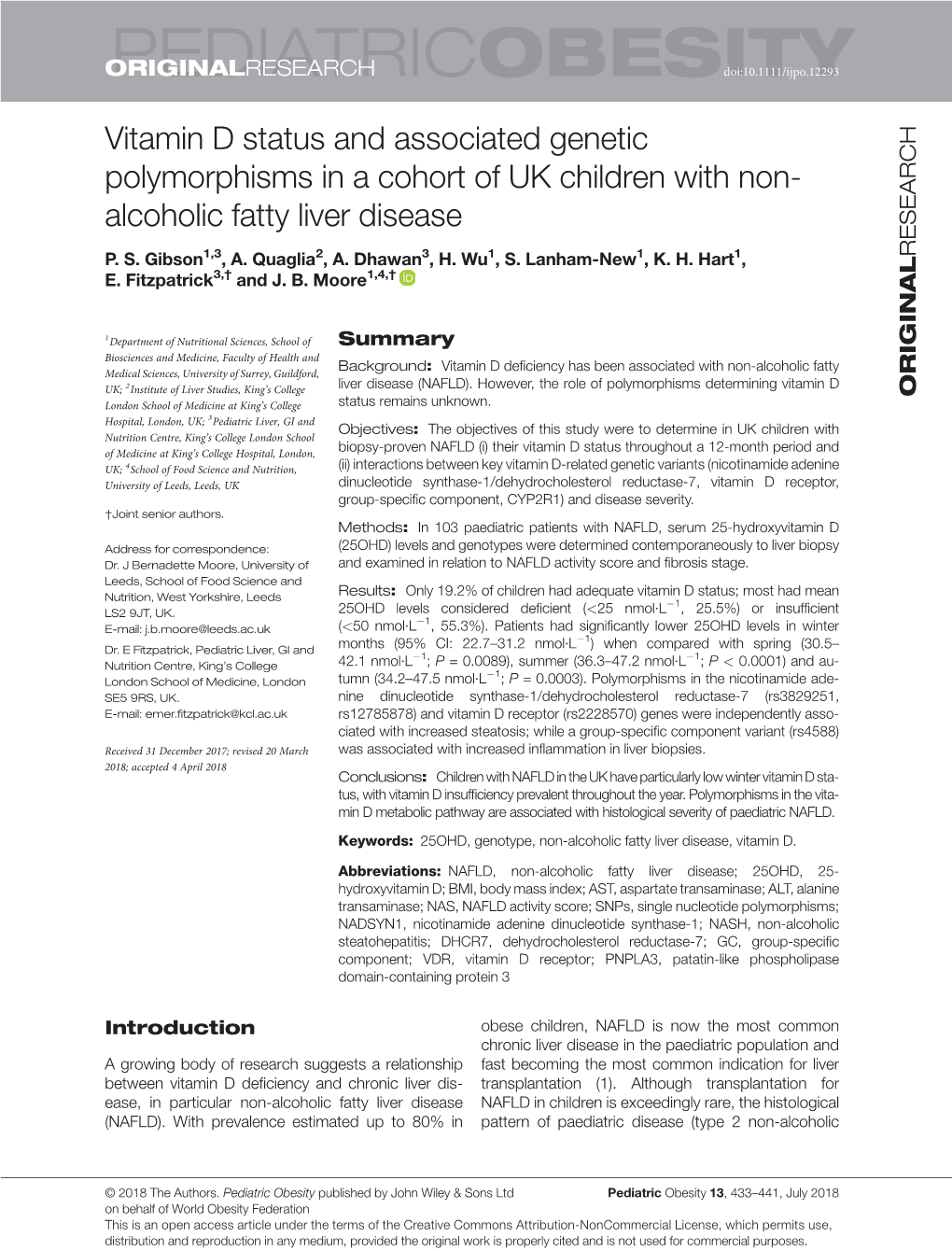 Vitamin D Status and Associated Genetic Polymorphisms in a Cohort of UK Children with Non- Alcoholic Fatty Liver Disease