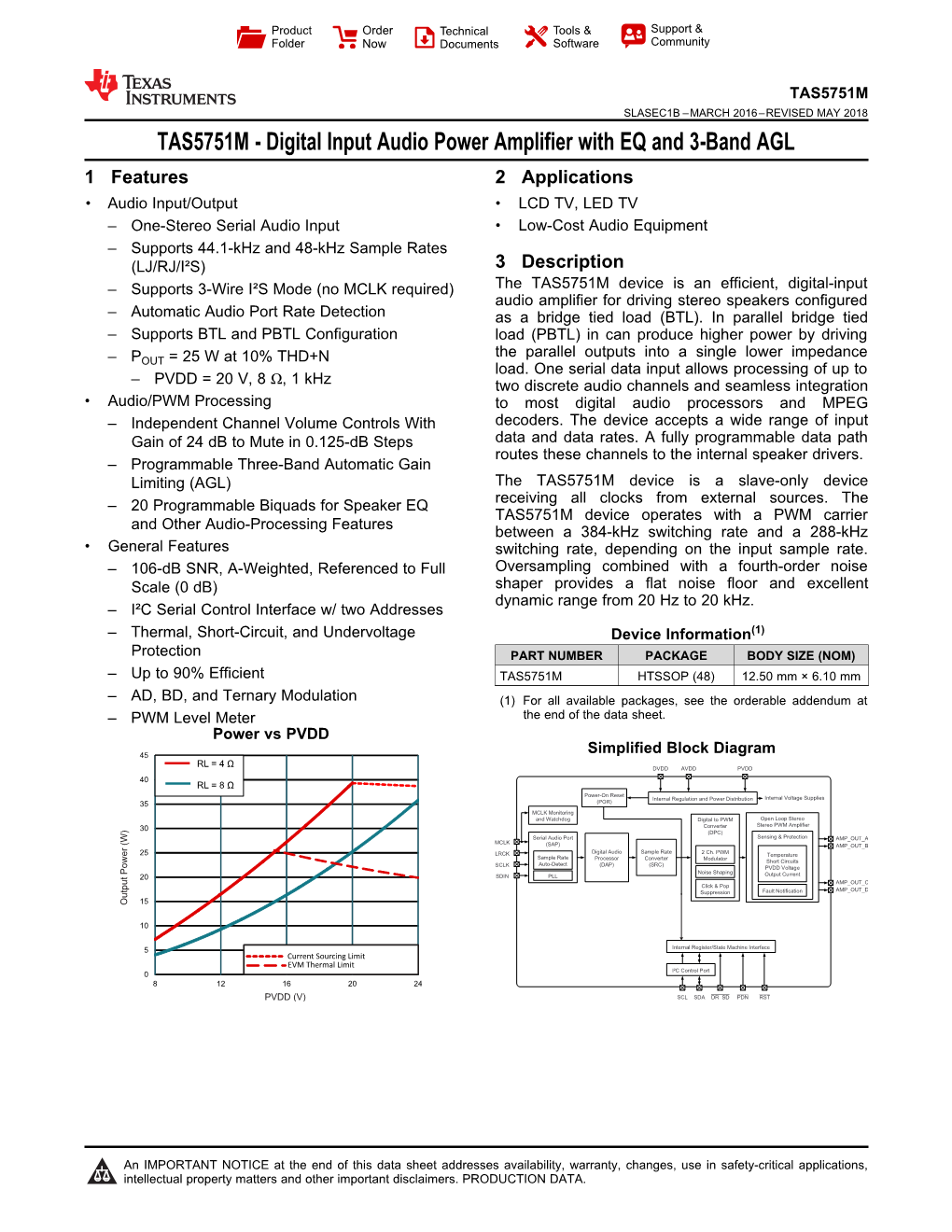 TAS5751M SLASEC1B –MARCH 2016–REVISED MAY 2018 TAS5751M - Digital Input Audio Power Amplifier with EQ and 3-Band AGL 1 Features 2 Applications