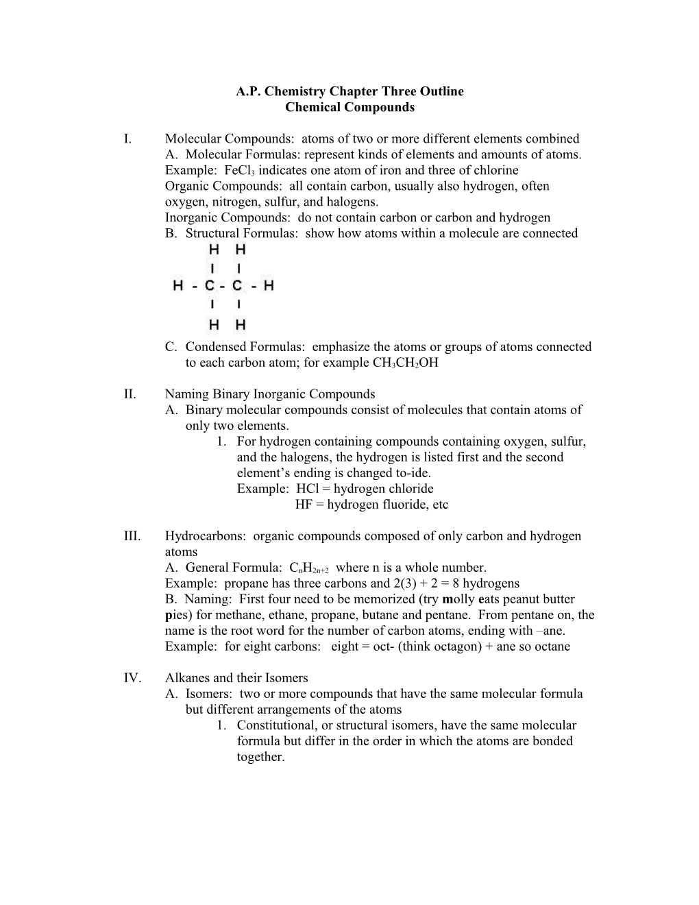 A.P. Chemistry Chapter Three Outline