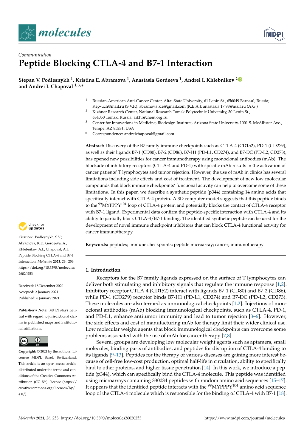 Peptide Blocking CTLA-4 and B7-1 Interaction