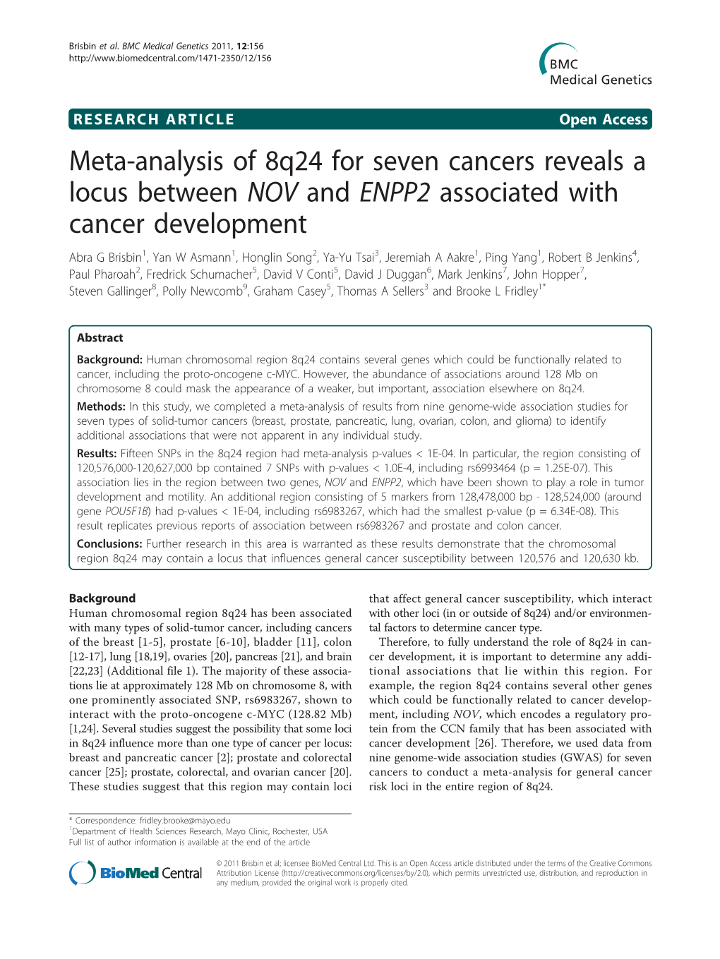 Meta-Analysis of 8Q24 for Seven Cancers Reveals a Locus Between